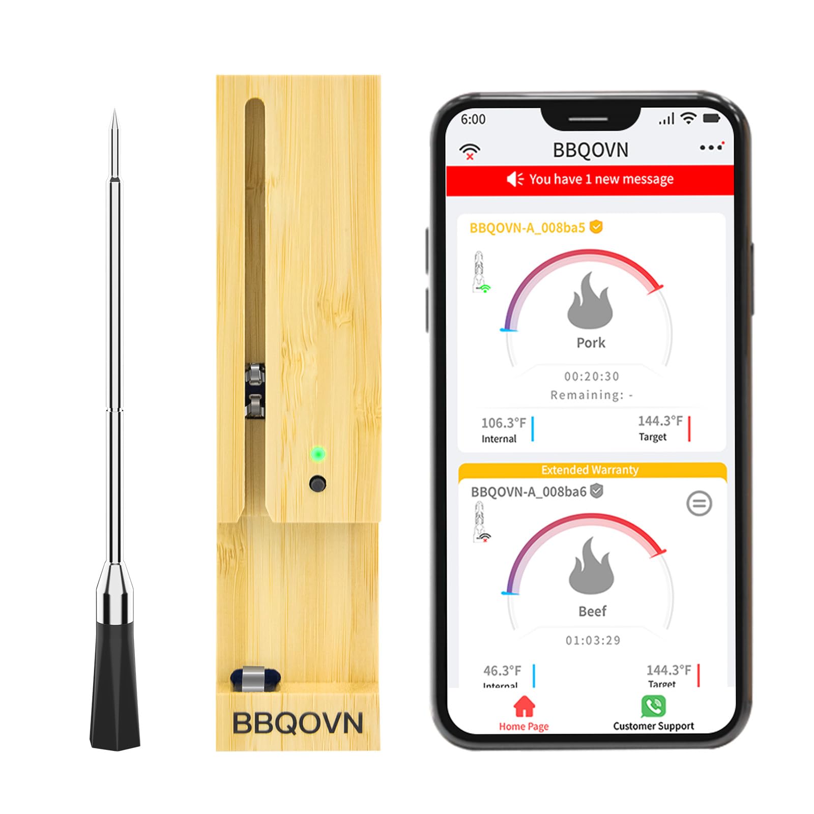 Wireless meat thermometer with probe and charging dock